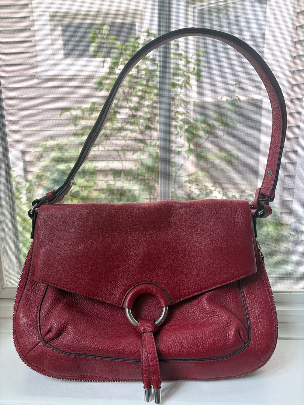 Vince Camuto adina red pebble Leather Shoulder Bag with Ring-Tassel Accent